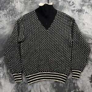 True Vintage Birdseye Knit Sweater Mens L Black Cream Quarter Zip Wool Mix